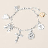 STONE PAVED CROSS BALL TEARDROP STONE BOW MOTHER OF PEARL HEART GLAZED CLOVER CHARM STATION BRACELET