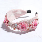 STONE CLUSTER PEARL EMBELLISHED RADDIA FLOWER POINTED SATIN KNOT HEADBAND