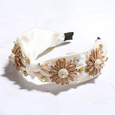 STONE CLUSTER PEARL EMBELLISHED RADDIA FLOWER POINTED SATIN KNOT HEADBAND