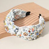 STONE CLUSTER PEARL EMBELLISHED FLOWER PRINTED KNOT HEADBAND