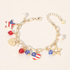 ENAMEL AMERICAN USA FLAG HEART STAR PEARL STONE CHARM STATION PAPERCLIP CHAIN BRACELET