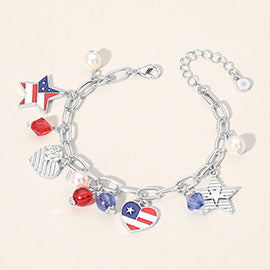 ENAMEL AMERICAN USA FLAG HEART STAR PEARL STONE CHARM STATION PAPERCLIP CHAIN BRACELET