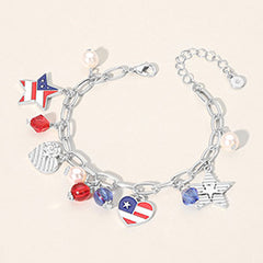 ENAMEL AMERICAN USA FLAG HEART STAR PEARL STONE CHARM STATION PAPERCLIP CHAIN BRACELET