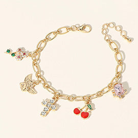 CROSS FLOWER CHERRY ANGEL CLUSTER CHARM STATION BRACELET