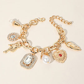 PEARL HEART METAL LUCK HAND LEAF GLASS STONE CHARM STATION BRACELET