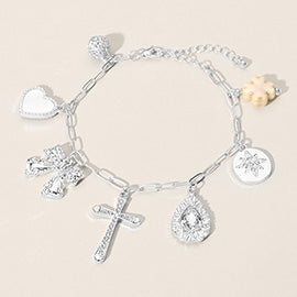 STONE PAVED CROSS BALL TEARDROP STONE BOW MOTHER OF PEARL HEART GLAZED CLOVER CHARM STATION BRACELET