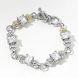 TWO TONE CZ STONE CLUSTER LINK TOGGLE BRACELET