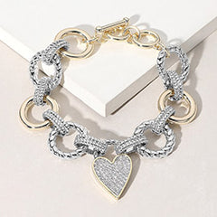 14K GOLD PLATED METAL LINK CZ STONE PAVED HEART PENDANT TOGGLE BRACELET