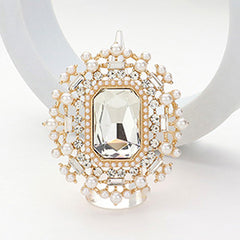 RECTANGLE GLASS STONE CENTERED PEARL RHINESTONE EMBELLISHED STRETCH RING