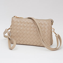 FAUX LEATHER WOVEN FLAP ENVELOPE CROSSBODY BAG