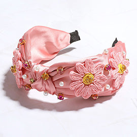 STONE CLUSTER PEARL EMBELLISHED RADDIA FLOWER POINTED SATIN KNOT HEADBAND