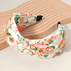 STONE CLUSTER PEARL EMBELLISHED FLOWER PRINTED KNOT HEADBAND
