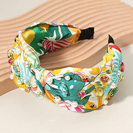 STONE CLUSTER PEARL EMBELLISHED FLOWER PRINTED KNOT HEADBAND