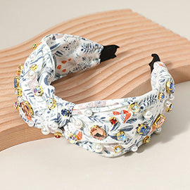 STONE CLUSTER PEARL EMBELLISHED FLOWER PRINTED KNOT HEADBAND