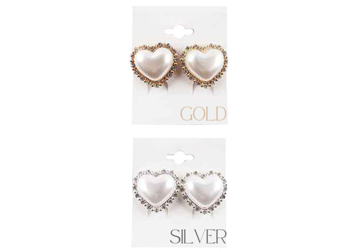 RHINESTONE TRIMMED HEART PEARL CLIP ON EARRINGS