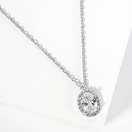 WHITE GOLD DIPPED OVAL CZ STONE PENDANT NECKLACE