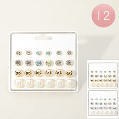 12 PCS STONE CLUSTER METAL BALL PEARL STUD EARRING SET